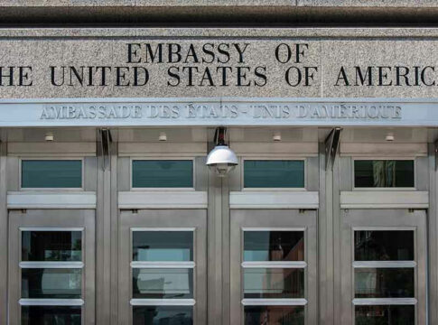 Entrance of the U.S. Embassy building.