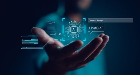 A hand reaching out with digital elements representing AI and ChatGPT
