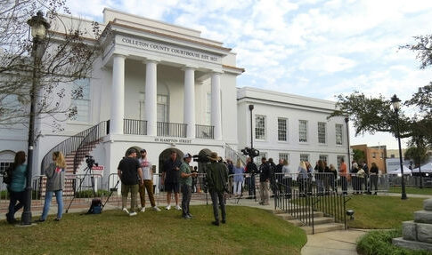 People gathered outside the Colleton County Courthouse.