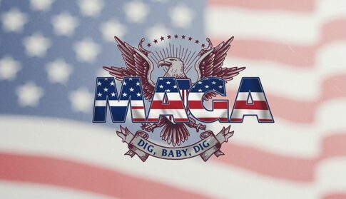 MAGA logo with an eagle and American flag background
