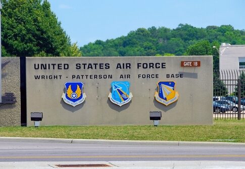 Entrance sign of Wright-Patterson Air Force Base with military emblems