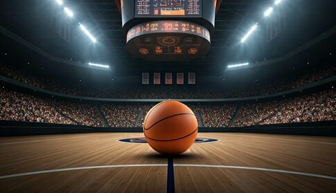 A basketball on the court in an empty arena