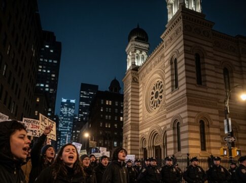 A group of protesters facing police officers in an urban area at night