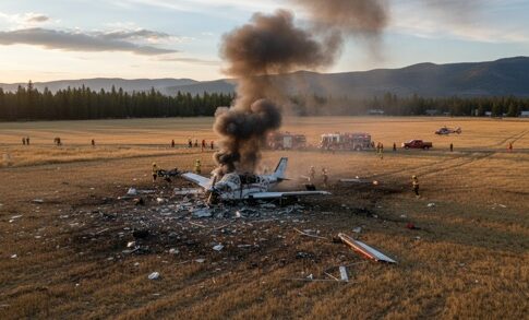 A crashed airplane emitting smoke with emergency responders on site