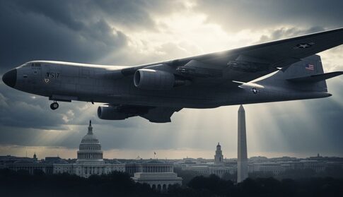 Military aircraft flying over Washington D.C. with iconic landmarks in view