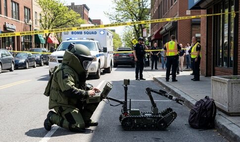 A bomb squad technician operating a robot in a street surrounded by police and emergency personnel