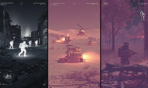 A triptych of military scenes featuring soldiers, helicopters, and an armored vehicle