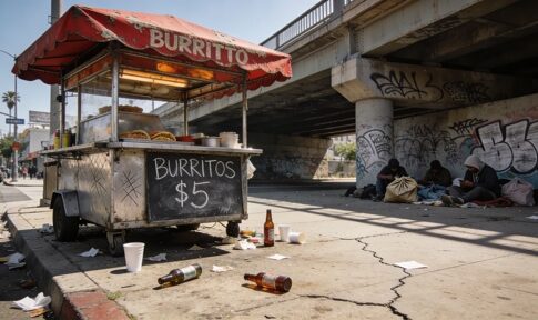 A food cart selling burritos in an urban setting with graffiti and people nearby